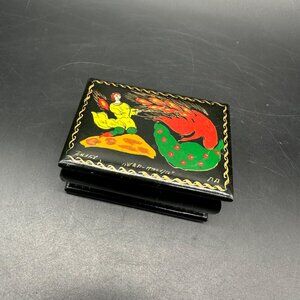 Vintage Russian Hand Painted Lacquerware Trinket Box Mythical Scene Red Interior